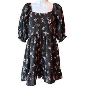 INSPIRED HEARTS NWT Milk Maid Style Square Neck Black Floral Mini Dress Sz Med